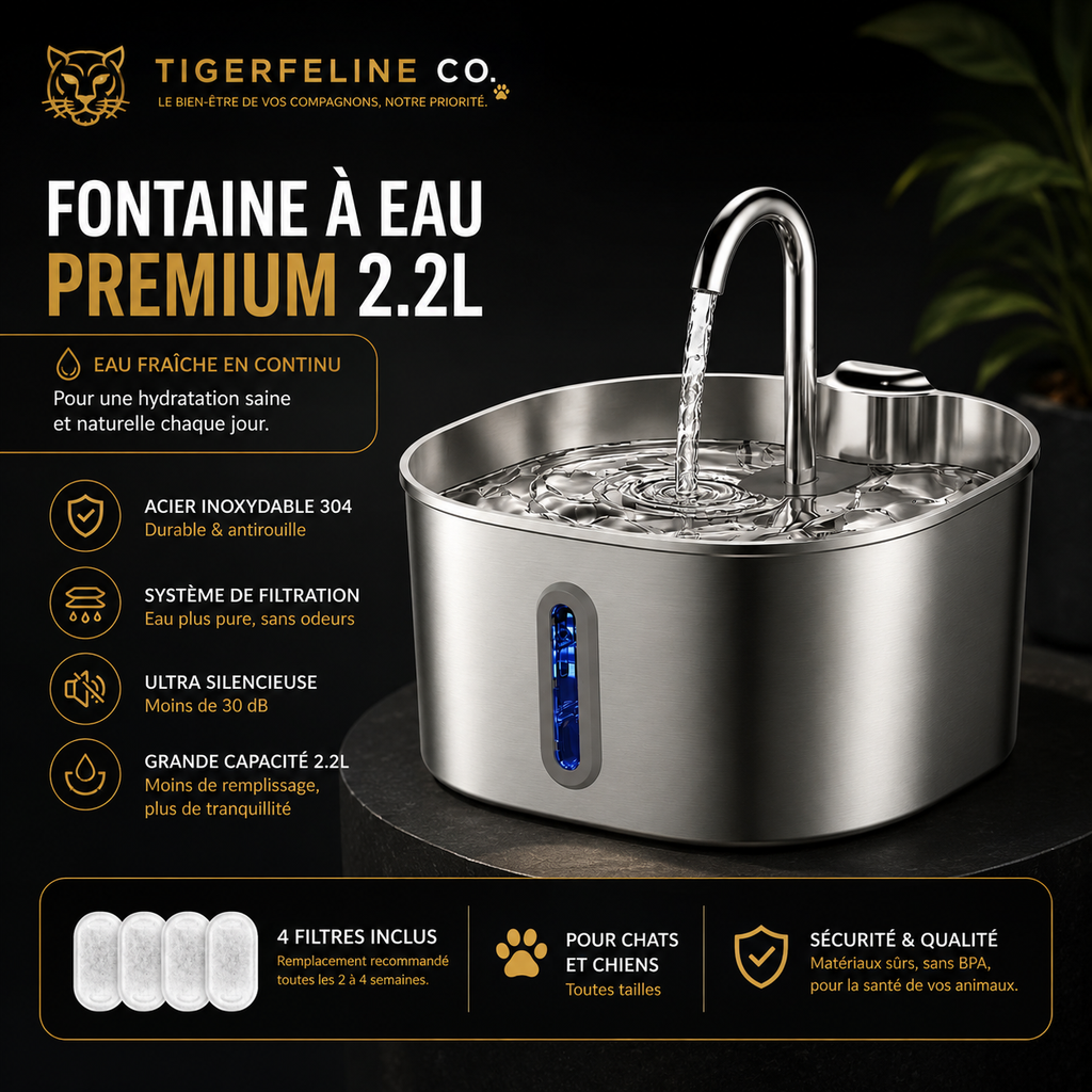Fontaine à Eau Automatique Premium 2.2L en Acier Inoxydable pour Chats & Chiens