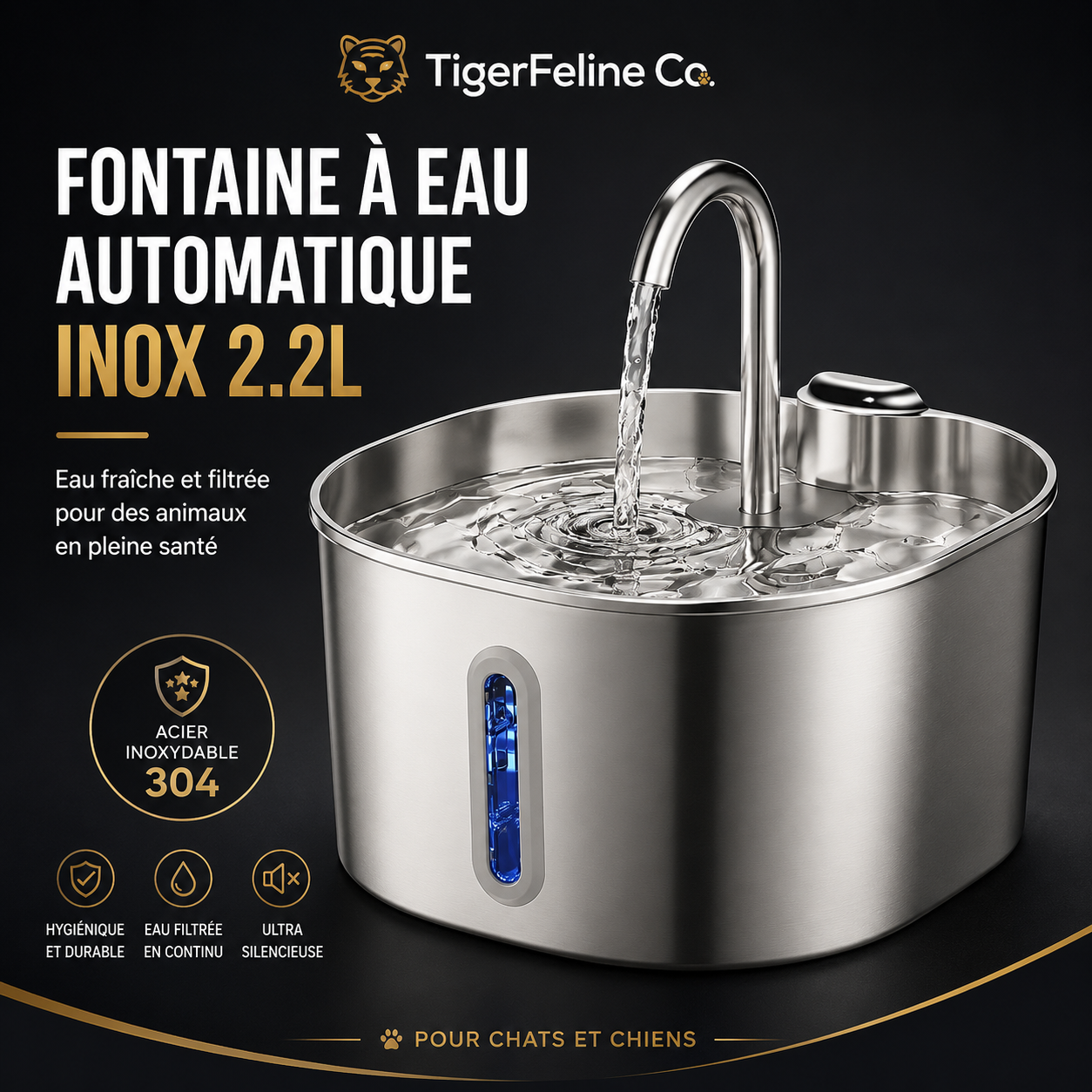 Fontaine à Eau Automatique Premium 2.2L en Acier Inoxydable pour Chats & Chiens