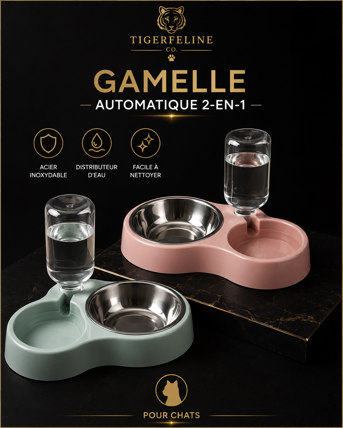 Gamelle Automatique 2-en-1 avec Distributeur d’Eau pour Chats