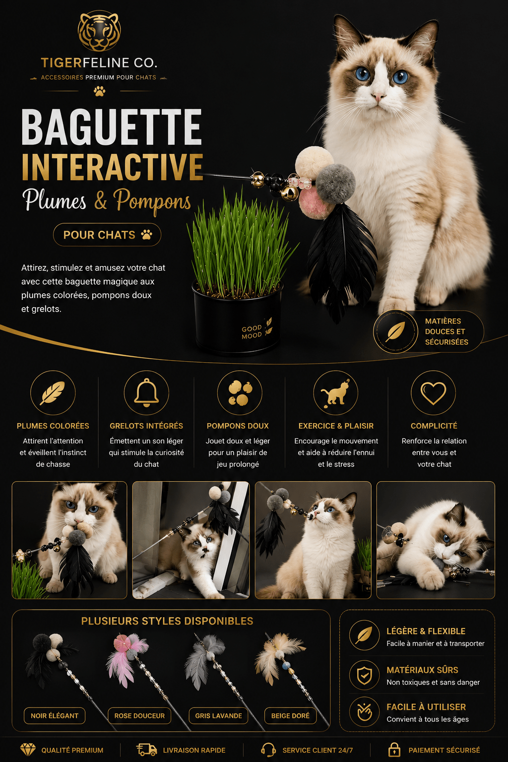 Baguette Interactive Premium à Plumes pour Chat | Premium Jouets pour Chats for cats, dogs and birds - TigerFeline Co