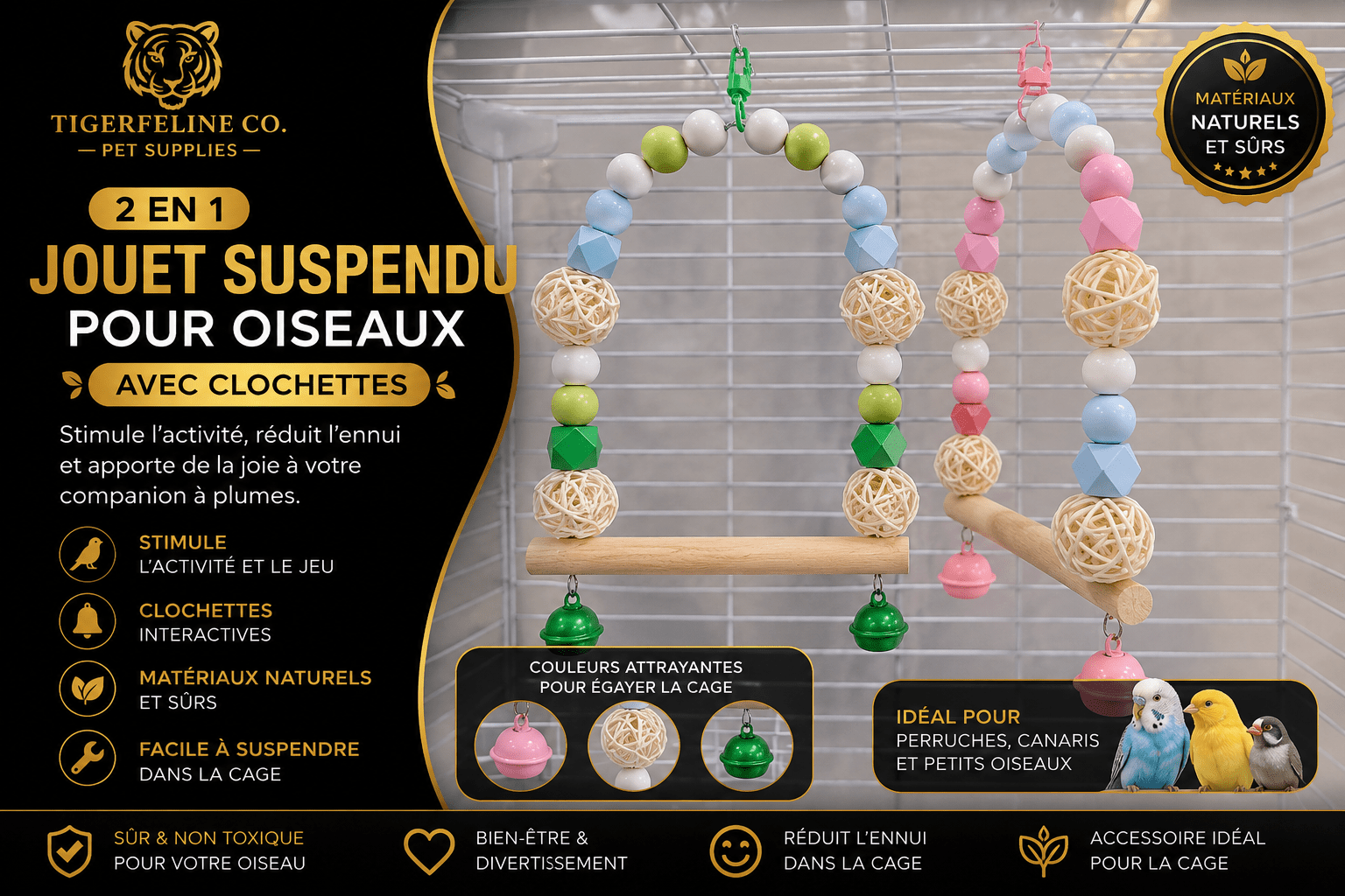 Balançoire Interactive pour Oiseaux avec Clochettes | Premium Jouet pour oiseaux for cats, dogs and birds - TigerFeline Co