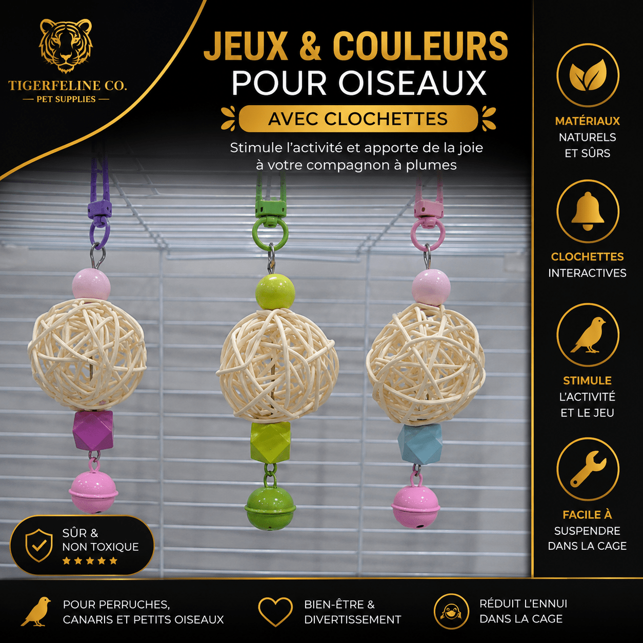 Balançoire Interactive pour Oiseaux avec Clochettes | Premium Jouet pour oiseaux for cats, dogs and birds - TigerFeline Co