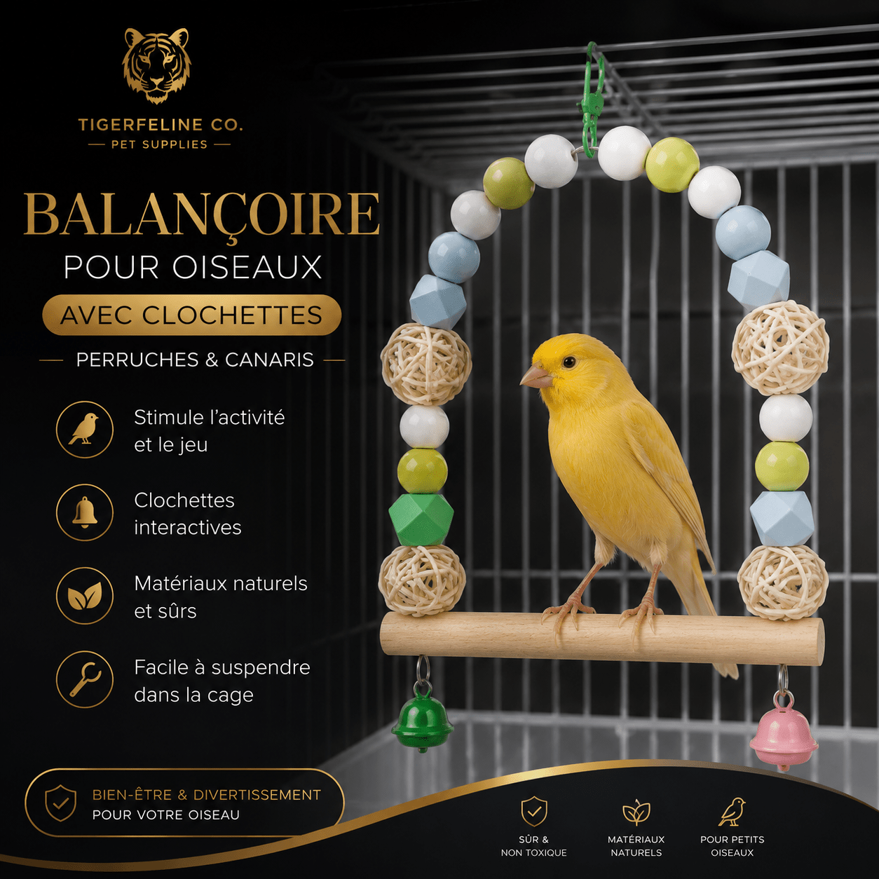 Balançoire Interactive pour Oiseaux avec Clochettes | Premium Jouet pour oiseaux for cats, dogs and birds - TigerFeline Co