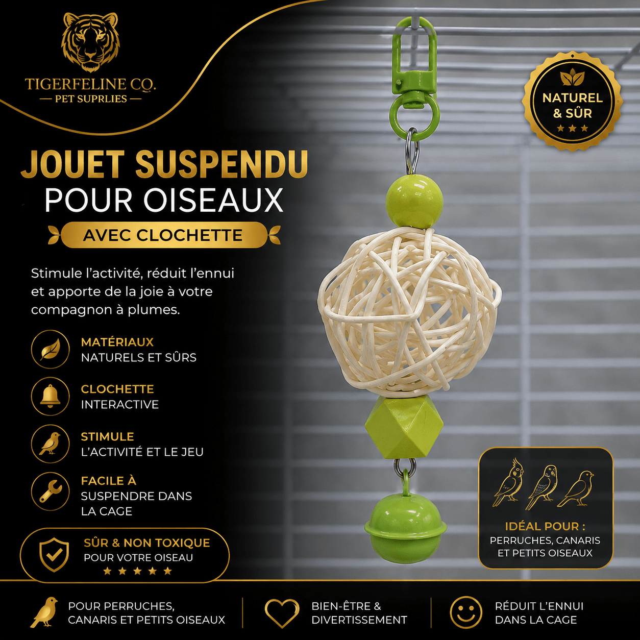 Balançoire Interactive pour Oiseaux avec Clochettes | Premium Jouet pour oiseaux for cats, dogs and birds - TigerFeline Co