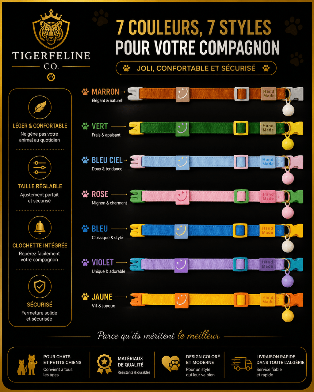 Collier Réglable avec Clochette pour Chat et Petit Chien | Premium Colliers & Accessoires pour Animaux for cats, dogs and birds - TigerFeline Co