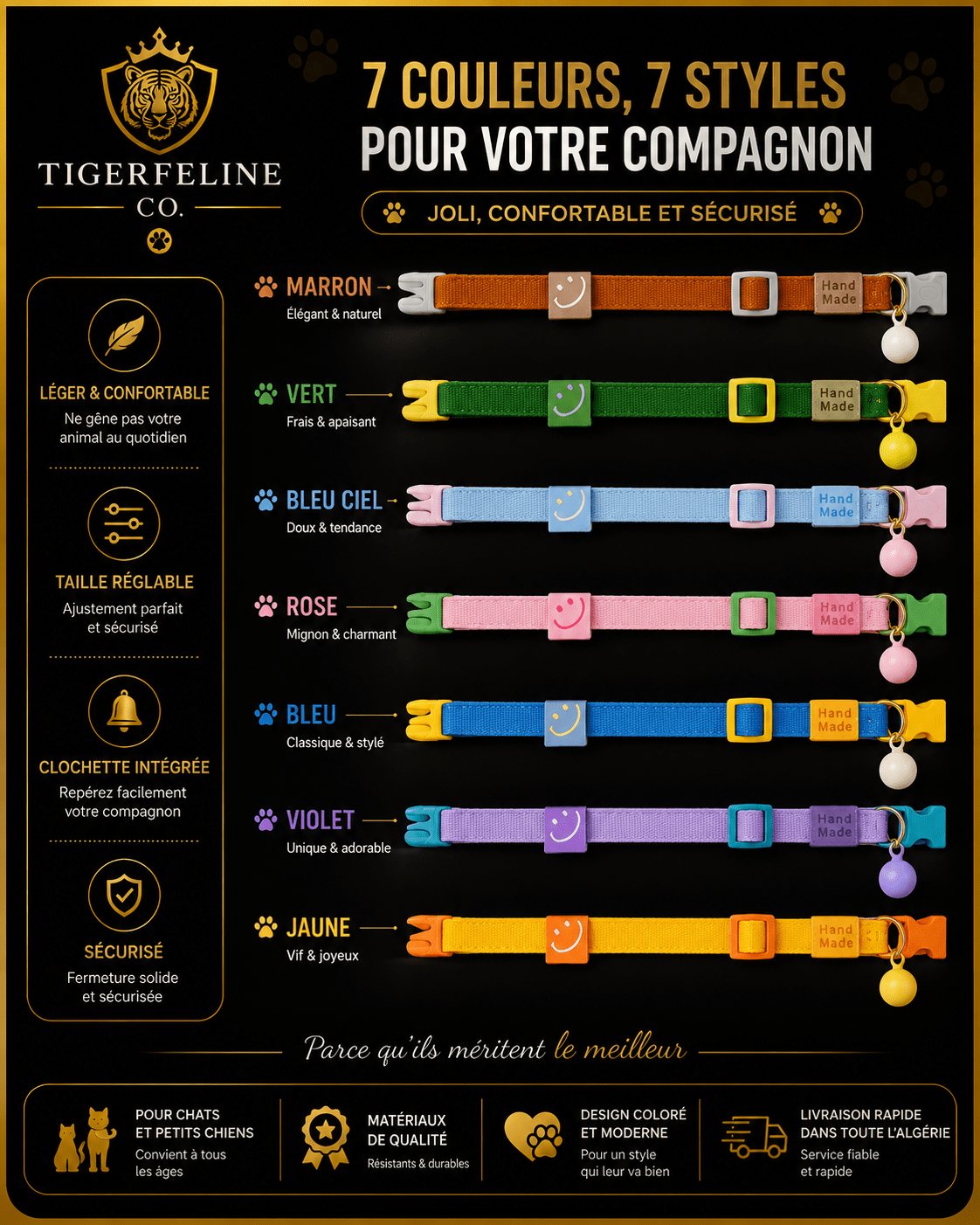 Collier Réglable avec Clochette pour Chat et Petit Chien | Premium Colliers & Accessoires pour Animaux for cats, dogs and birds - TigerFeline Co