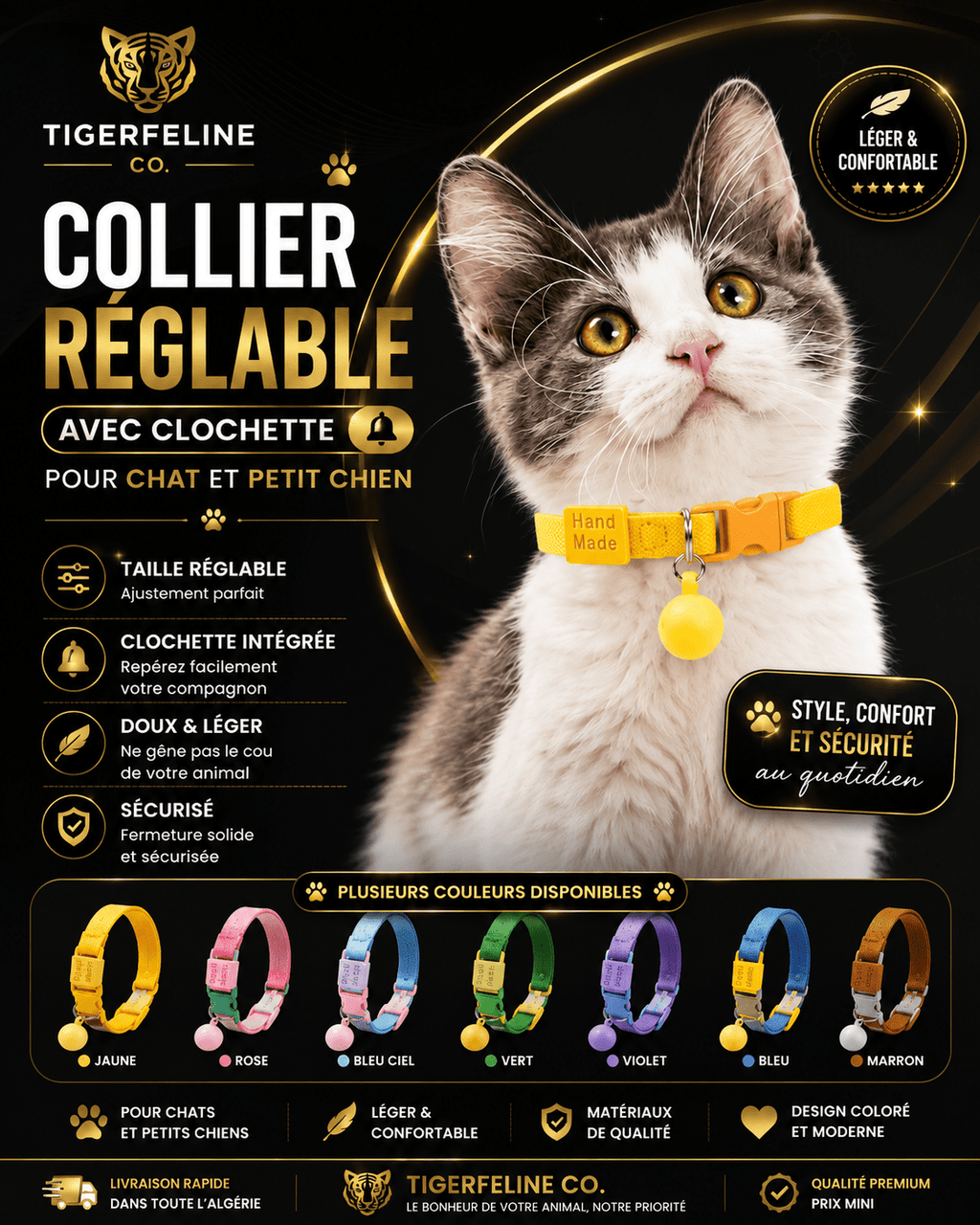 Collier Réglable avec Clochette pour Chat et Petit Chien | Premium Colliers & Accessoires pour Animaux for cats, dogs and birds - TigerFeline Co