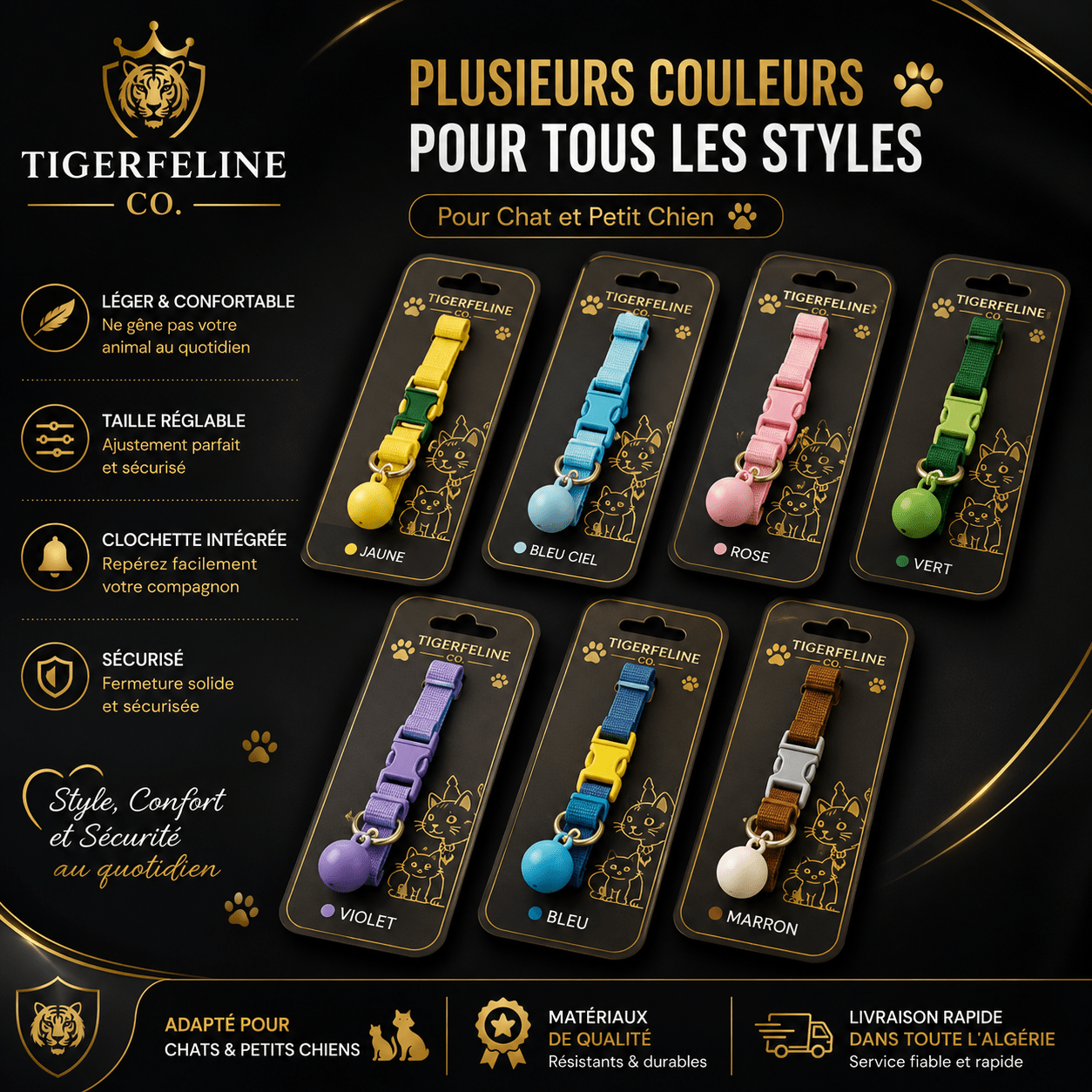 Collier Réglable avec Clochette pour Chat et Petit Chien | Premium Colliers & Accessoires pour Animaux for cats, dogs and birds - TigerFeline Co