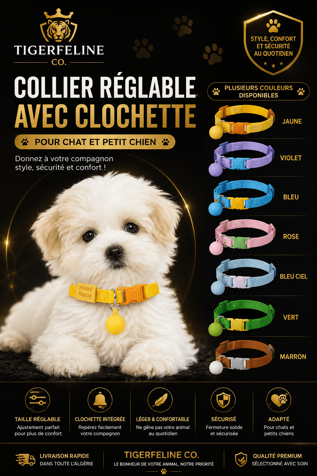 Collier Réglable avec Clochette pour Chat et Petit Chien | Premium Colliers & Accessoires pour Animaux for cats, dogs and birds - TigerFeline Co