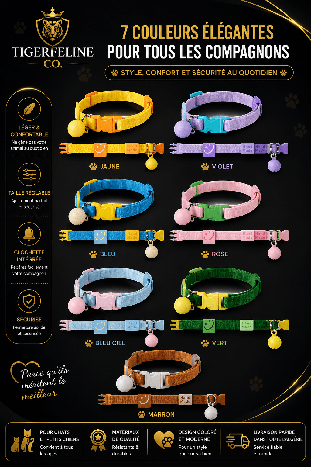 Collier Réglable avec Clochette pour Chat et Petit Chien | Premium Colliers & Accessoires pour Animaux for cats, dogs and birds - TigerFeline Co