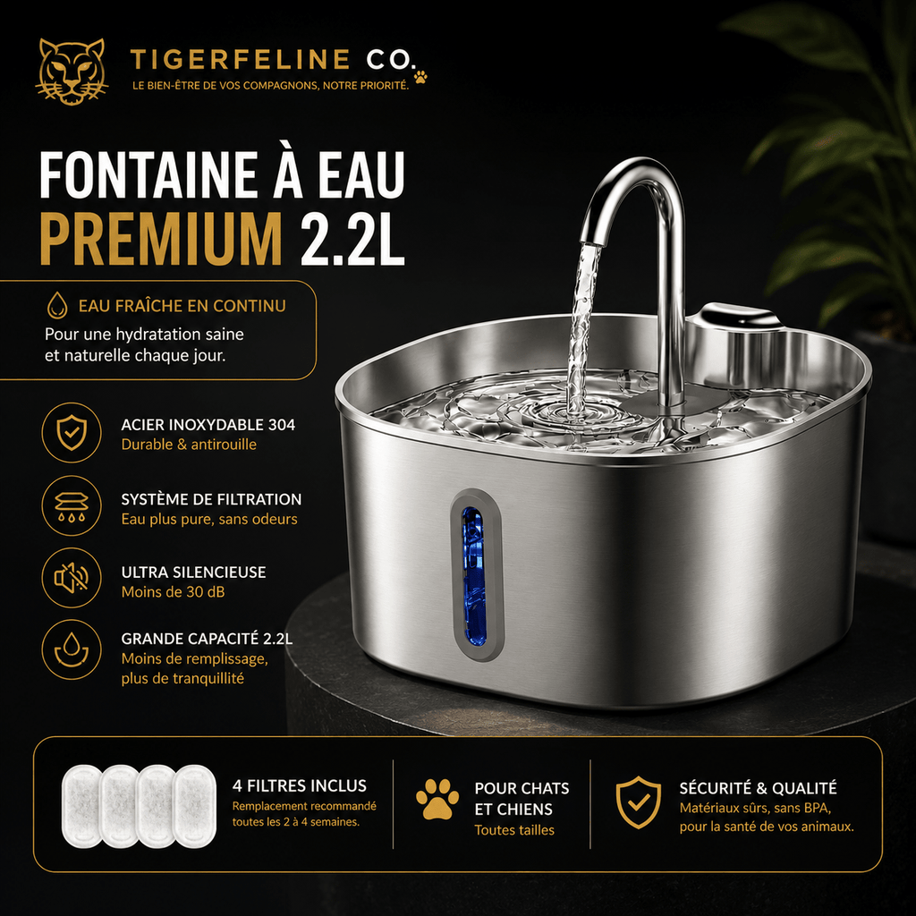 Fontaine à Eau Automatique Premium 2.2L en Acier Inoxydable pour Chats & Chiens | Premium Fontaine à eau pour animaux for cats, dogs and birds - TigerFeline Co