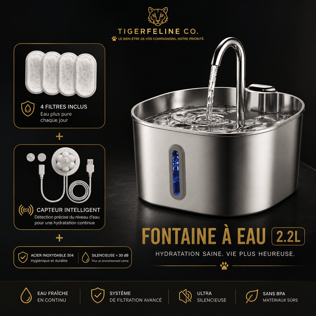 Fontaine à Eau Automatique Premium 2.2L en Acier Inoxydable pour Chats & Chiens | Premium Fontaine à eau pour animaux for cats, dogs and birds - TigerFeline Co
