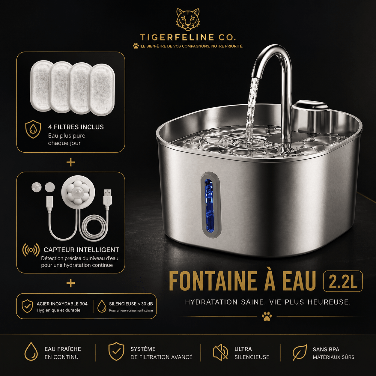 Fontaine à Eau Automatique Premium 2.2L en Acier Inoxydable pour Chats & Chiens | Premium Fontaine à eau pour animaux for cats, dogs and birds - TigerFeline Co