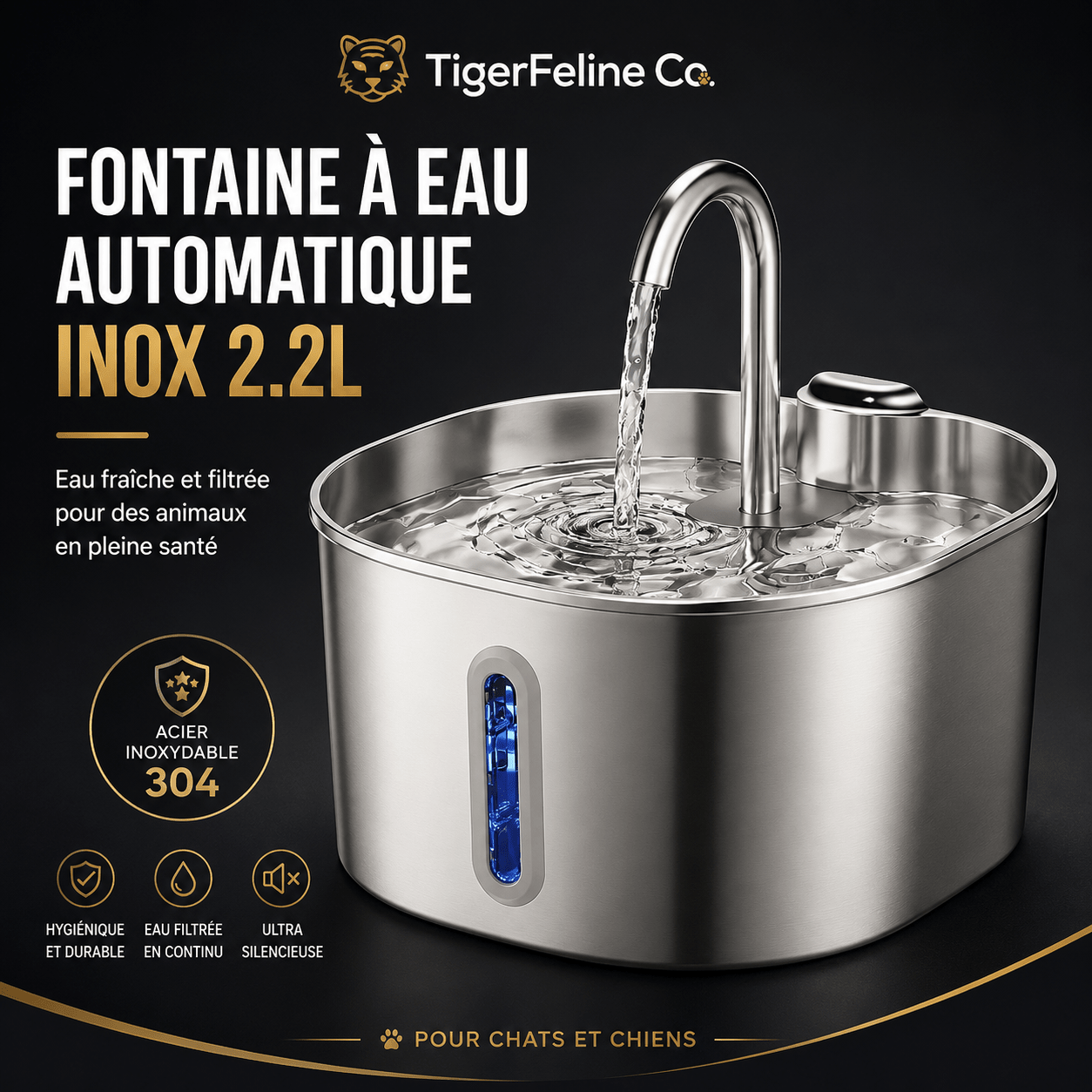 Fontaine à Eau Automatique Premium 2.2L en Acier Inoxydable pour Chats & Chiens | Premium Fontaine à eau pour animaux for cats, dogs and birds - TigerFeline Co