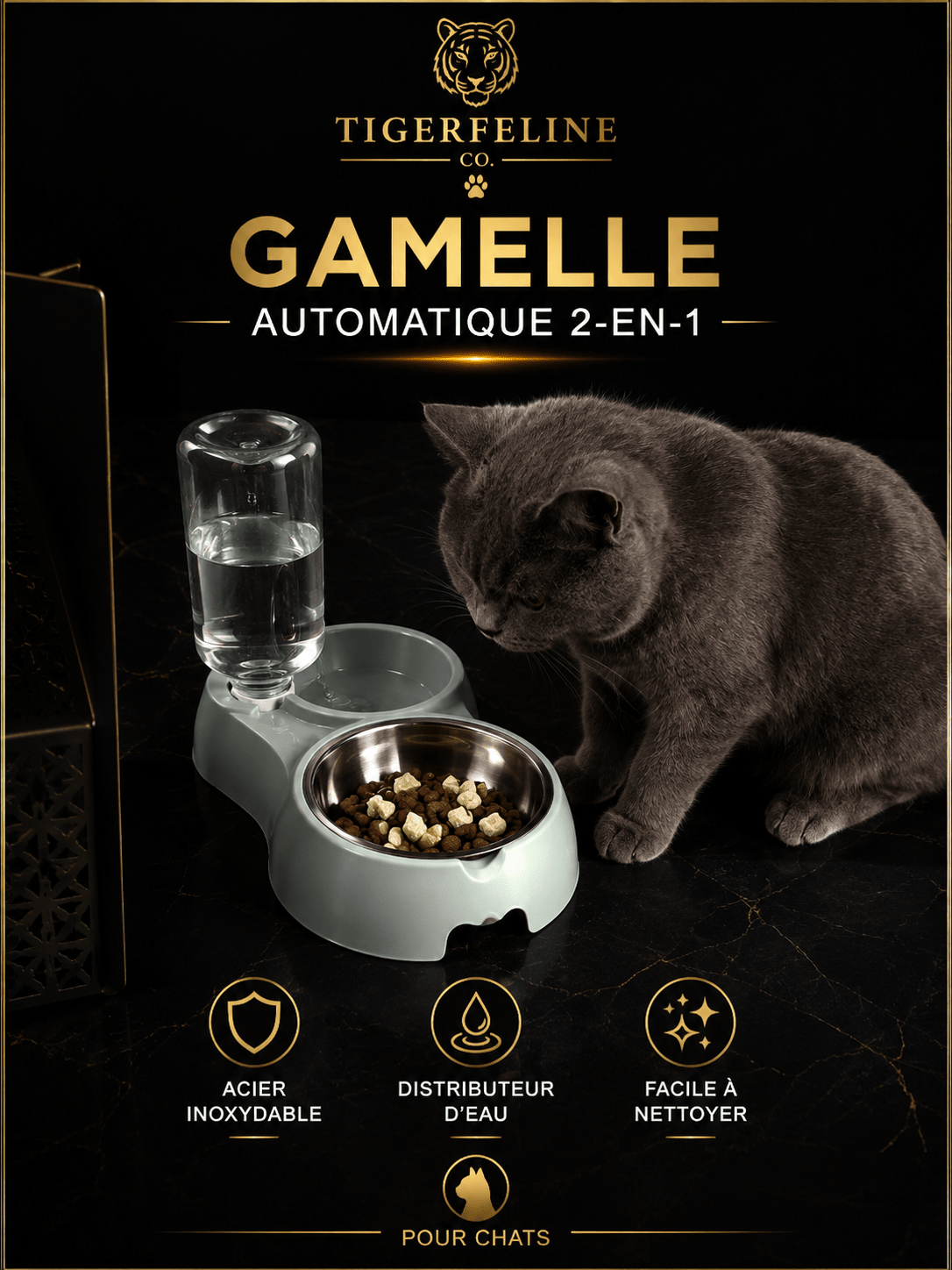 Gamelle Automatique 2-en-1 avec Distributeur d’Eau pour Chats | Premium Gamelle Chat for cats, dogs and birds - TigerFeline Co