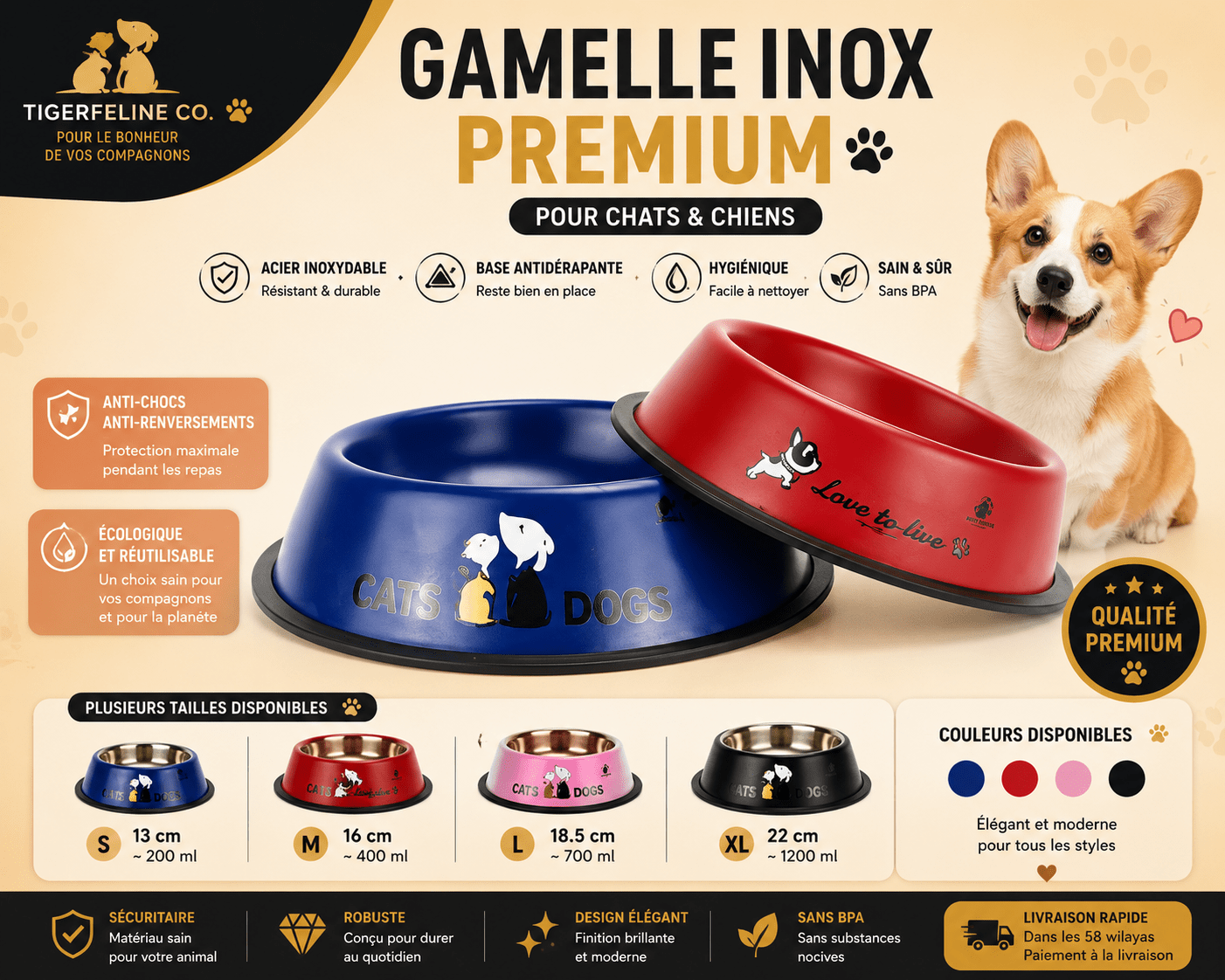 Gamelle Inox Premium pour Chats & Chiens | Premium Gamelle pour animaux for cats, dogs and birds - TigerFeline Co