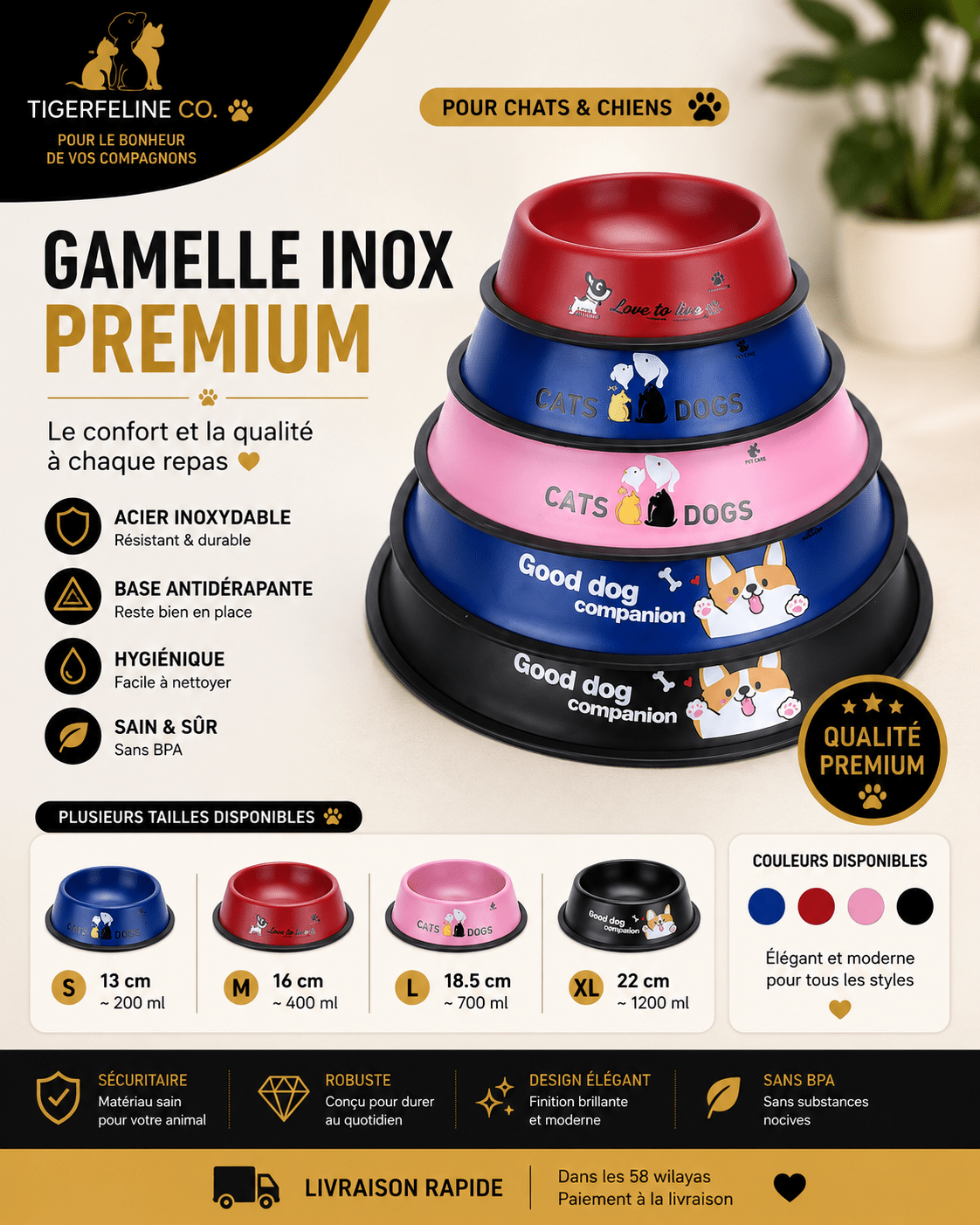 Gamelle Inox Premium pour Chats & Chiens | Premium Gamelle pour animaux for cats, dogs and birds - TigerFeline Co