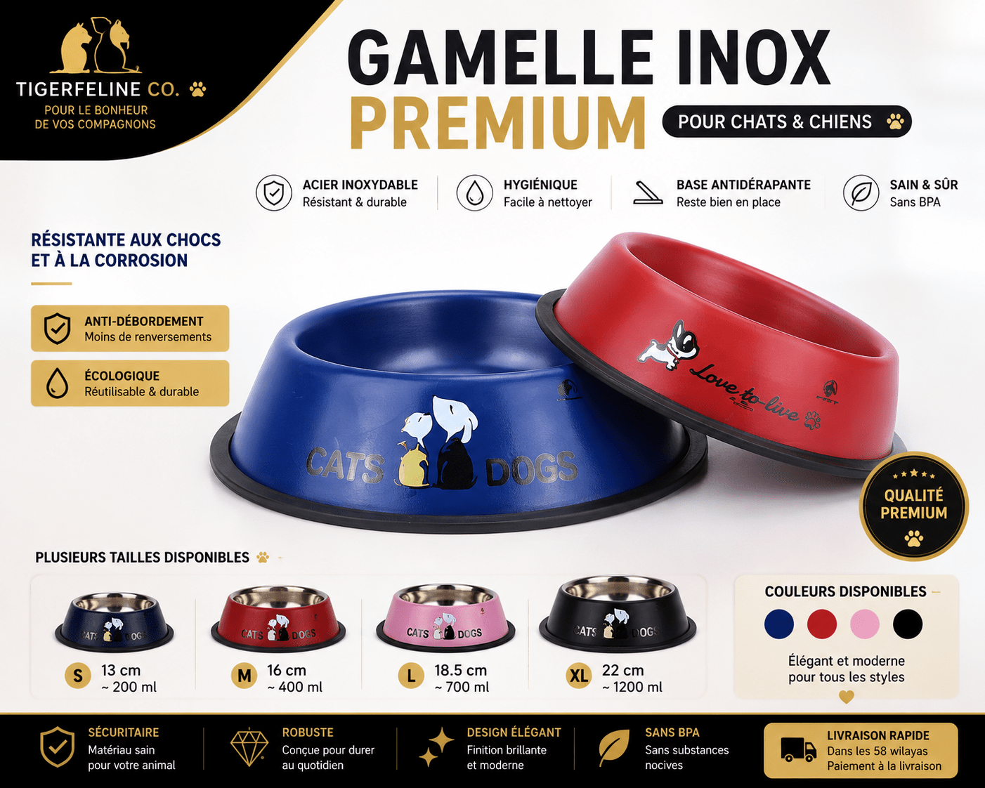 Gamelle Inox Premium pour Chats & Chiens | Premium Gamelle pour animaux for cats, dogs and birds - TigerFeline Co