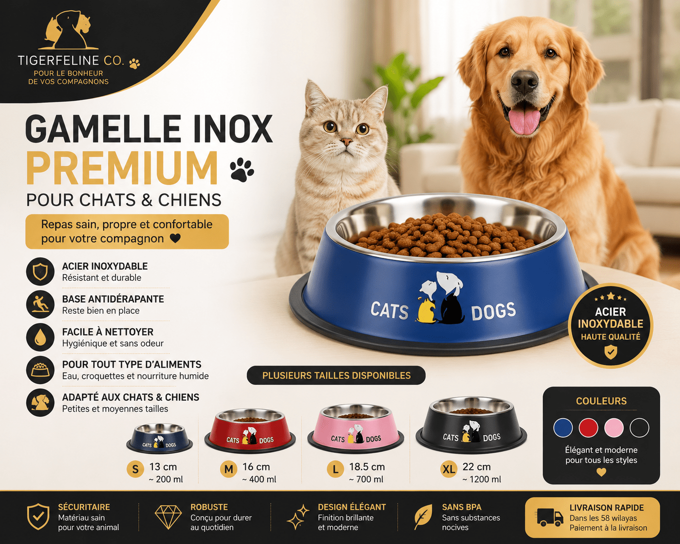 Gamelle Inox Premium pour Chats & Chiens | Premium Gamelle pour animaux for cats, dogs and birds - TigerFeline Co