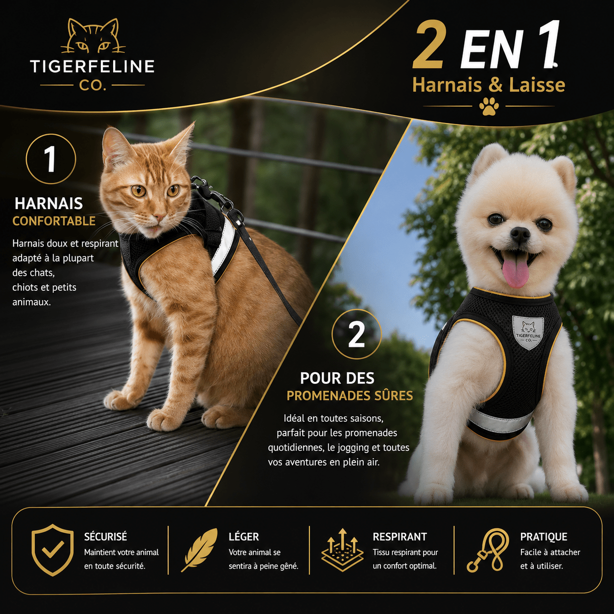 Harnais Réglable Anti-Traction pour Chat & Petit Chien | Premium Harnais Chat & Petit Chien for cats, dogs and birds - TigerFeline Co