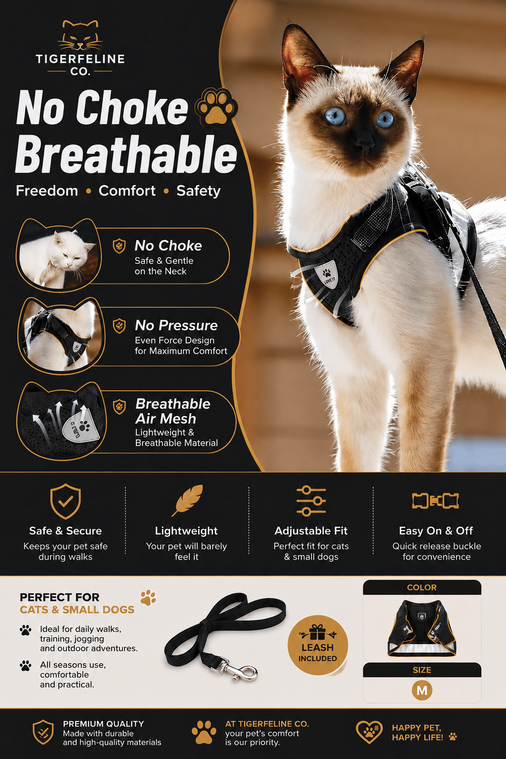 Harnais Réglable Anti-Traction pour Chat & Petit Chien | Premium Harnais Chat & Petit Chien for cats, dogs and birds - TigerFeline Co