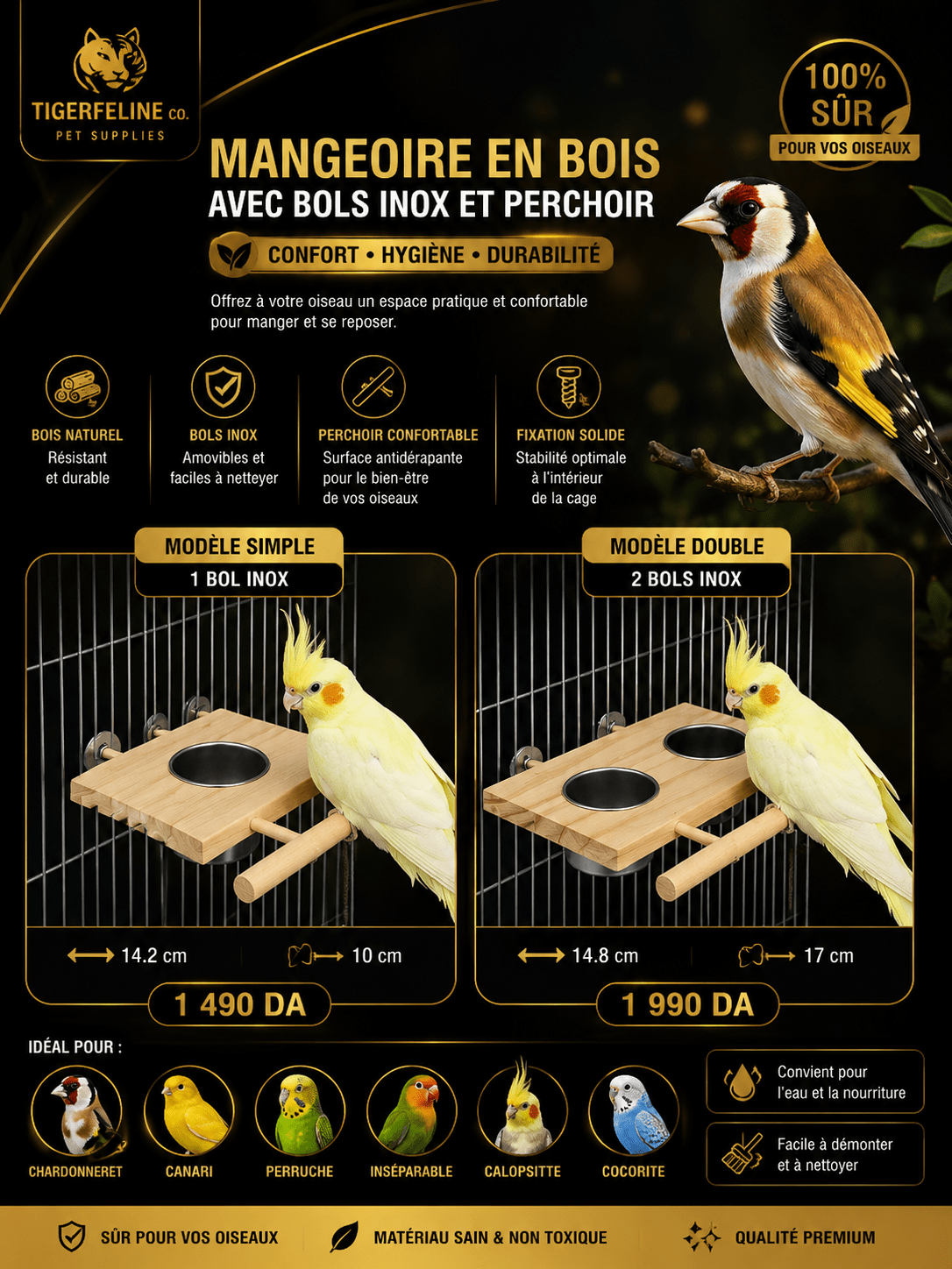 Mangeoire en Bois avec Bols Inox et Perchoir pour Oiseaux | Premium for cats, dogs and birds - TigerFeline Co