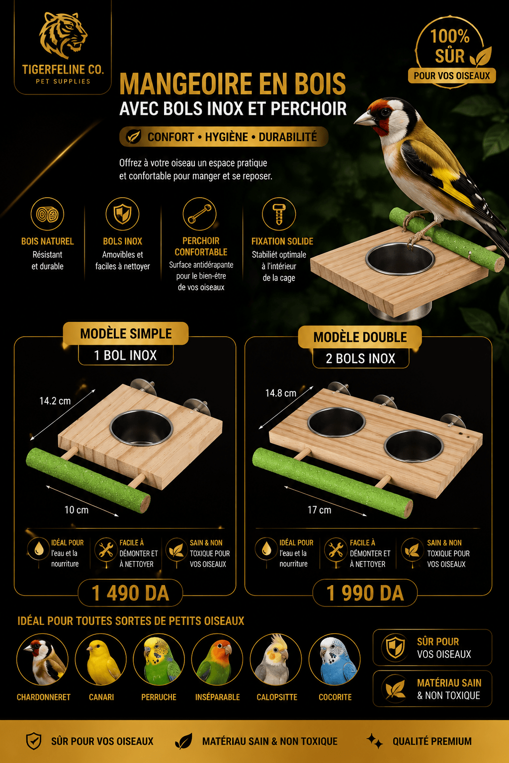 Mangeoire en Bois avec Bols Inox et Perchoir pour Oiseaux | Premium for cats, dogs and birds - TigerFeline Co