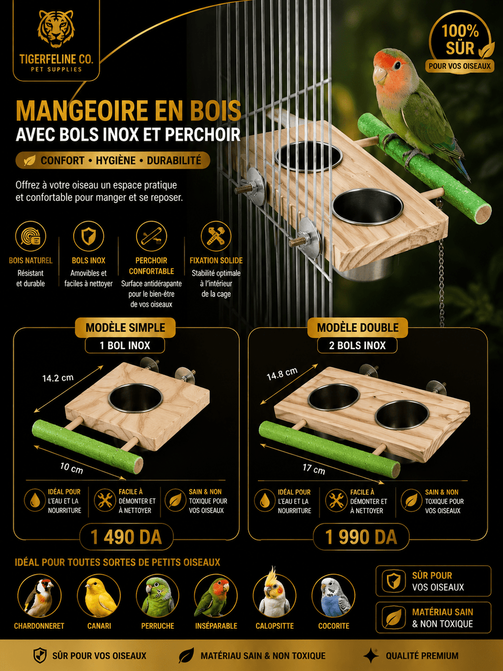 Mangeoire en Bois avec Bols Inox et Perchoir pour Oiseaux | Premium for cats, dogs and birds - TigerFeline Co