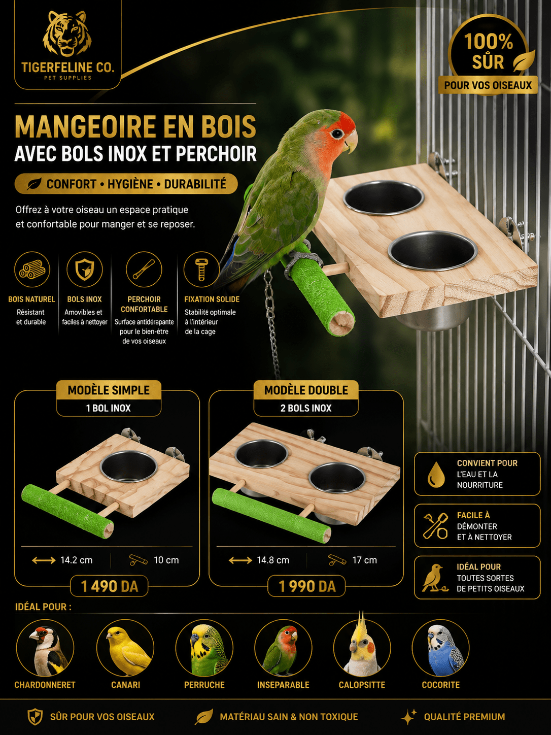 Mangeoire en Bois avec Bols Inox et Perchoir pour Oiseaux | Premium for cats, dogs and birds - TigerFeline Co