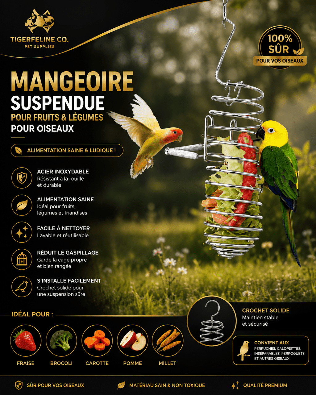Panier Suspendu en Inox pour Fruits et Légumes d’Oiseaux | Premium Oiseaux > Accessoires d’Alimentation for cats, dogs and birds - TigerFeline Co