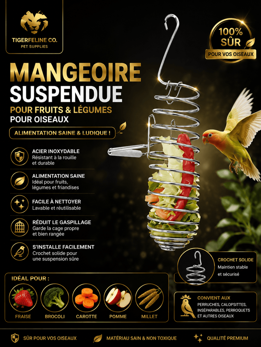 Panier Suspendu en Inox pour Fruits et Légumes d’Oiseaux | Premium Oiseaux > Accessoires d’Alimentation for cats, dogs and birds - TigerFeline Co