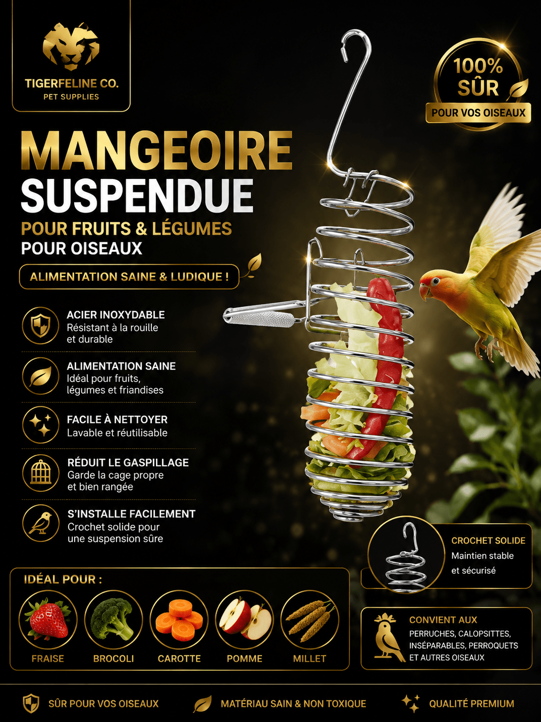 Panier Suspendu en Inox pour Fruits et Légumes d’Oiseaux | Premium Oiseaux > Accessoires d’Alimentation for cats, dogs and birds - TigerFeline Co