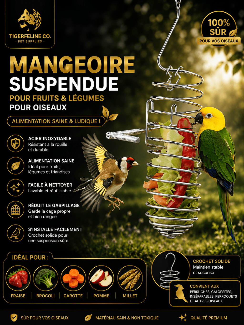 Panier Suspendu en Inox pour Fruits et Légumes d’Oiseaux | Premium Oiseaux > Accessoires d’Alimentation for cats, dogs and birds - TigerFeline Co