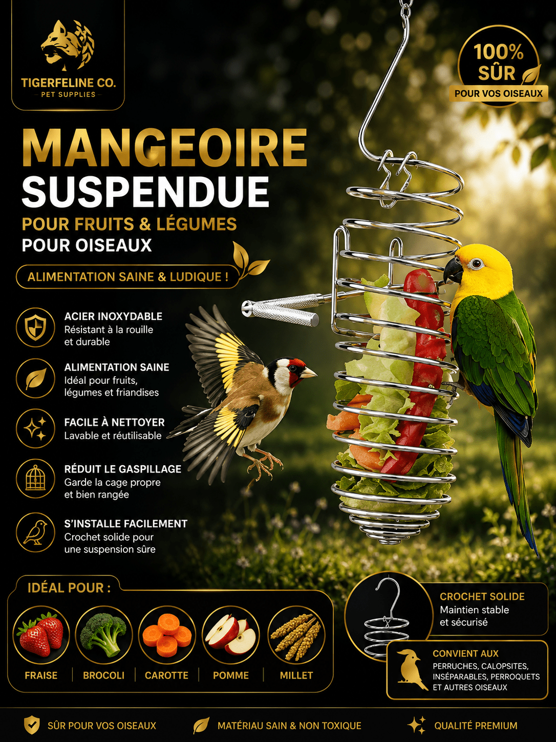 Panier Suspendu en Inox pour Fruits et Légumes d’Oiseaux | Premium Oiseaux > Accessoires d’Alimentation for cats, dogs and birds - TigerFeline Co