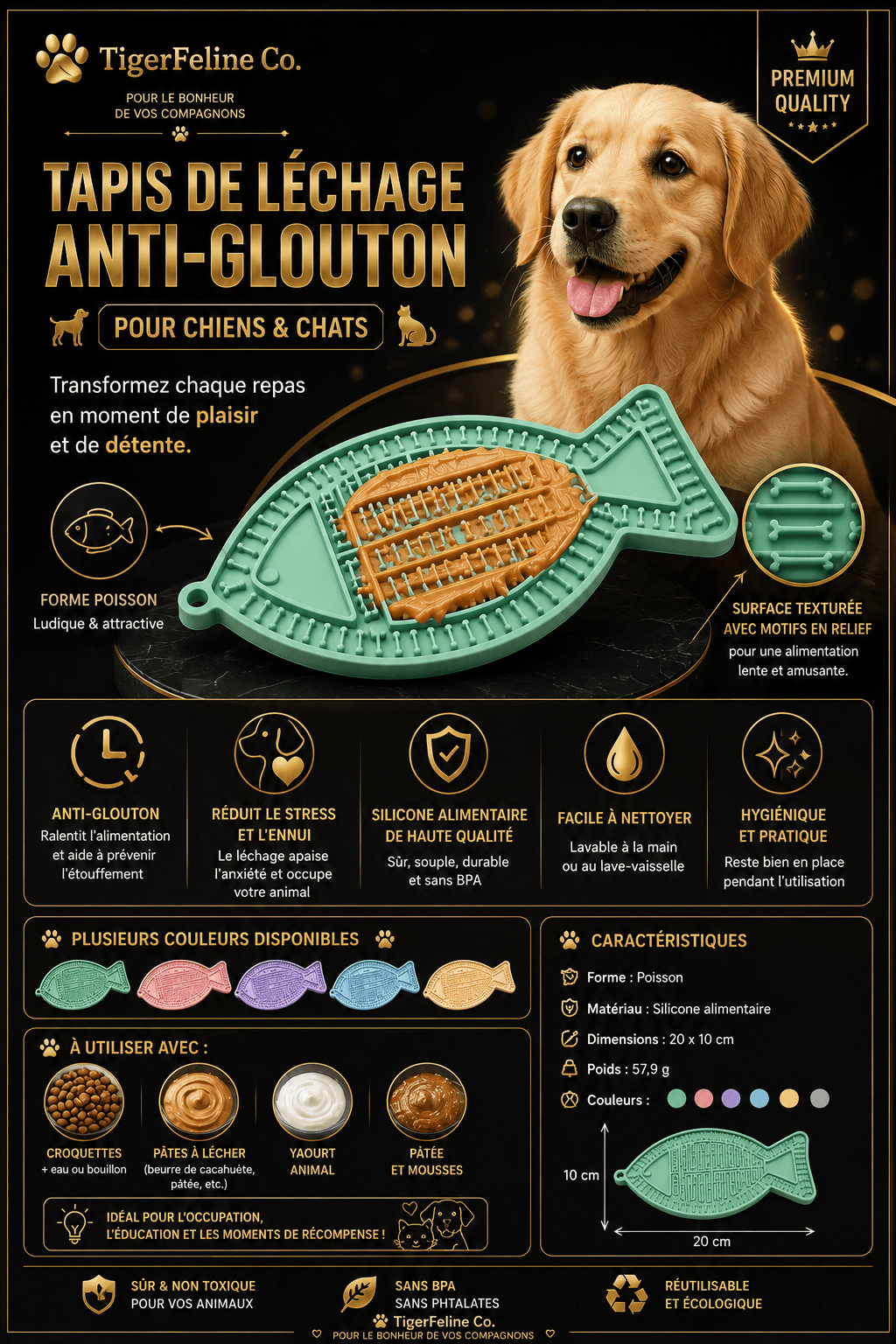 Tapis de Léchage en Silicone pour Chats et Chiens – Anti-Glouton Forme Poisson | Premium Tapis de léchage pour animaux for cats, dogs and birds - TigerFeline Co
