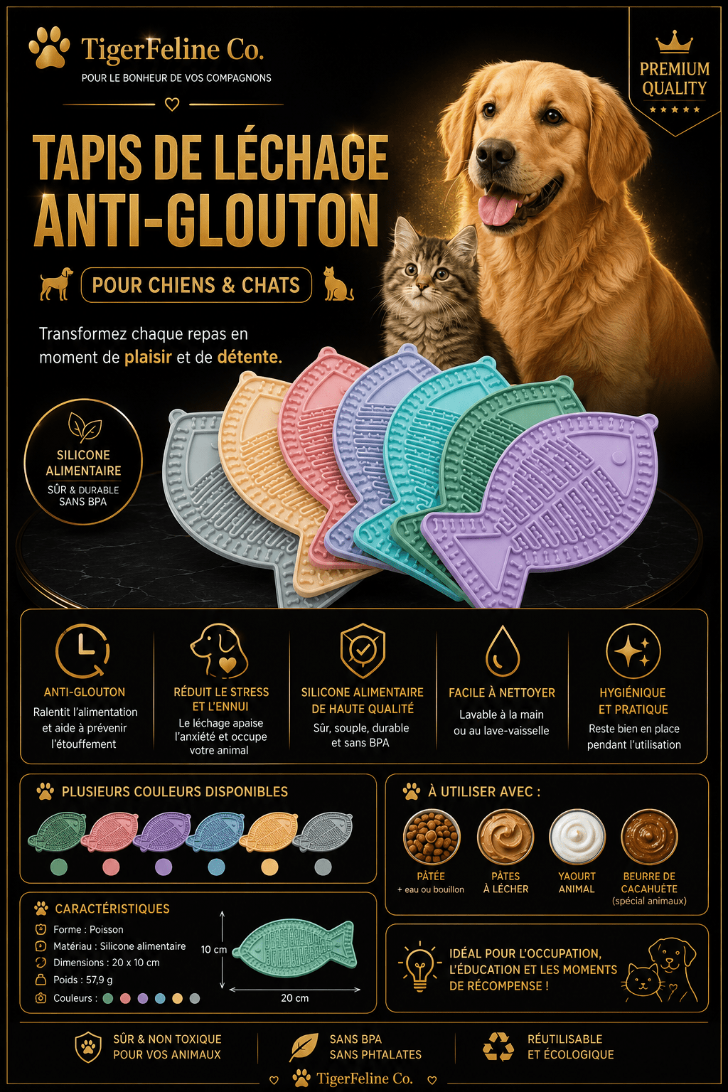 Tapis de Léchage en Silicone pour Chats et Chiens – Anti-Glouton Forme Poisson | Premium Tapis de léchage pour animaux for cats, dogs and birds - TigerFeline Co